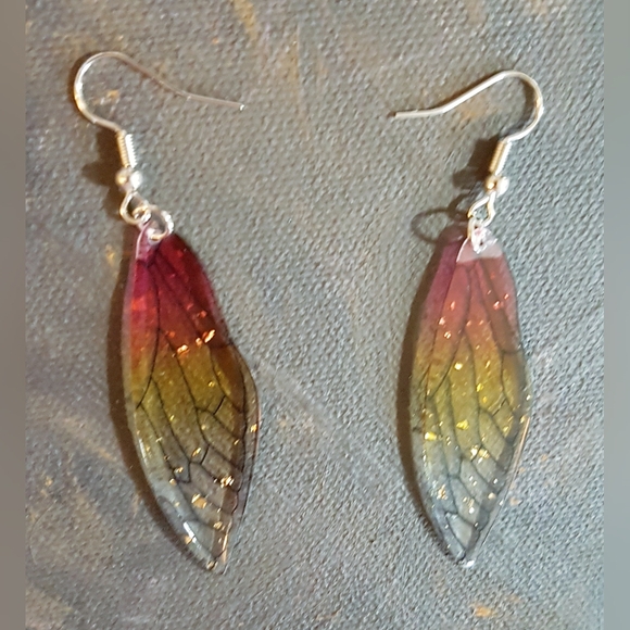 Winging It Earrings Red and Yellow Transluscent Wings Handmade Jewelry - Picture 9 of 12